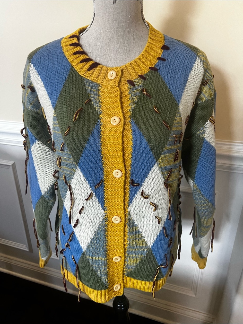 Multi-color-Whip Stitch-Vintage style Crew Neck Button Down Chunky Cardigan.